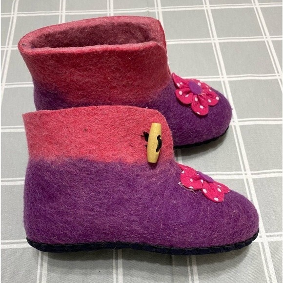 Girls Wool Felted Slippers Purple Pink 8" Youth (4-7 years) Non-slip Soles - Picture 2 of 9